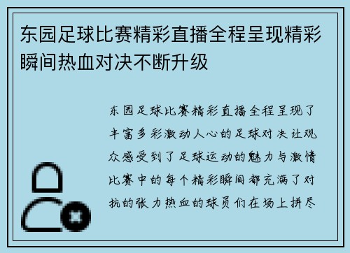 东园足球比赛精彩直播全程呈现精彩瞬间热血对决不断升级